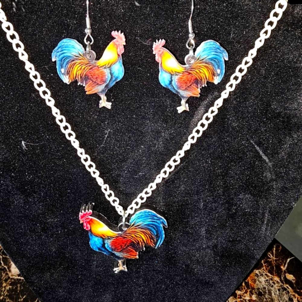 Rooster earrings and necklace set